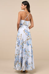 Oh-So Romantic Pale Blue Floral Print Sleeveless Wrap Maxi Dress