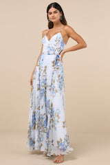 Oh-So Romantic Pale Blue Floral Print Sleeveless Wrap Maxi Dress