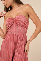 Desme Rose Pink Satin Plisse Strapless Maxi Dress