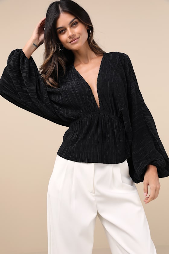 Radiant Flirt Black Satin Plisse Long Sleeve Top