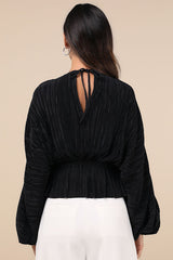 Radiant Flirt Black Satin Plisse Long Sleeve Top