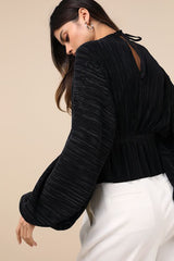Radiant Flirt Black Satin Plisse Long Sleeve Top