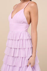 Radiant Event Lavender Mesh Tiered Ruffled Backless Maxi Dress