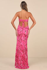 Shimmering Icon Hot Pink Sequin Lace-Up Strapless Maxi Dress