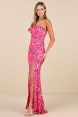 Shimmering Icon Hot Pink Sequin Lace-Up Strapless Maxi Dress