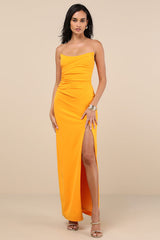 Malia Golden Yellow Ruched Strapless Maxi Dress