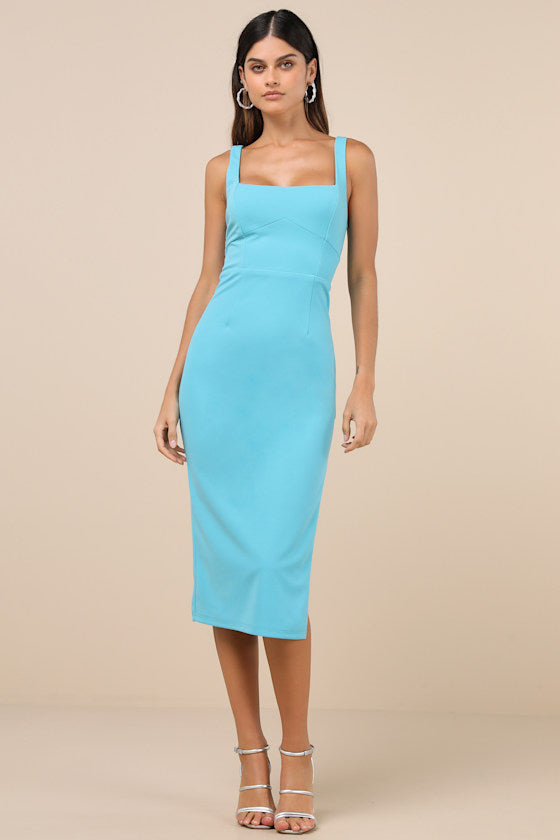 Vibrant Allure Aqua Square Neck Sleeveless Bodycon Midi Dress