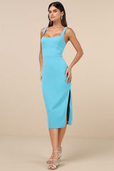 Vibrant Allure Aqua Square Neck Sleeveless Bodycon Midi Dress