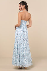 Special Moment Light Blue Floral Strapless Bustier Maxi Dress