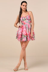 Evonne Pink Abstract Floral Tiered Mini Skater Dress