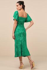 Effervescent Afternoon Green Satin Flutter Sleeve Midi Dress