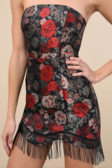Wyla Black Multi Floral Jacquard Fringe Mini Dress