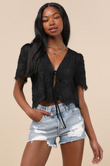 Vintage Aesthetic Black Embroidered Tie-Front Fringe Hem Top