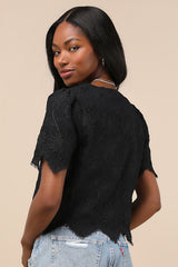 Vintage Aesthetic Black Embroidered Tie-Front Fringe Hem Top