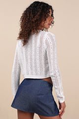 Alwilda White Pointelle Knit Tie-Front Cardigan Sweater Top