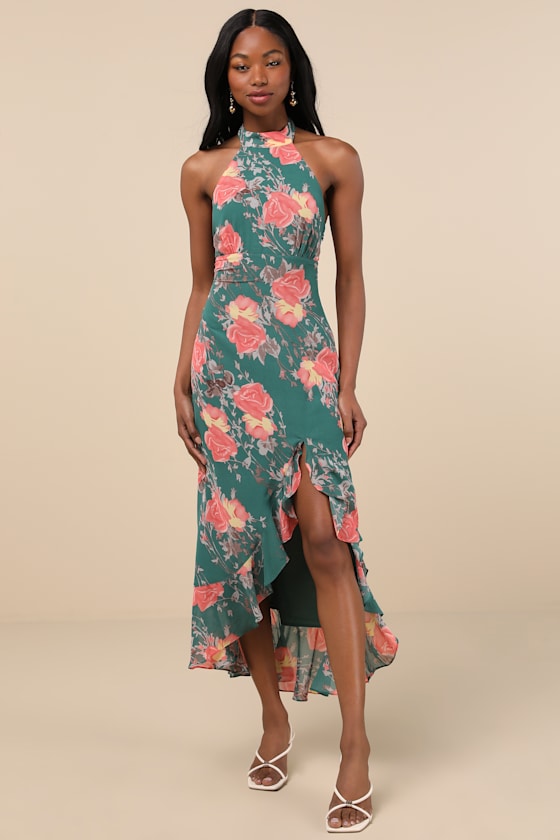 Elegant Entrance Teal Green Floral Print Halter Maxi Dress