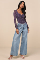 Adoring Desire Dark Purple Floral Print Mesh Ruched Bodysuit