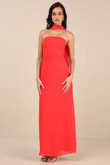 Rawya Red Orange Strapless Maxi Dress and Scarf Set