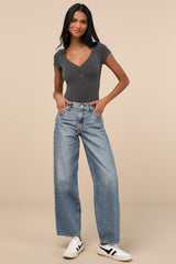 Required Style Charcoal Textured Ribbed Ruched Bodysuit