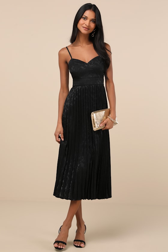 Regal Romance Black Floral Jacquard Pleated Satin Midi Dress