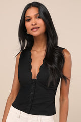 Seasonally Lovely Black Scalloped Button-Front Top