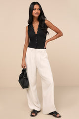 Seasonally Lovely Black Scalloped Button-Front Top