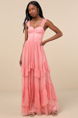 Stunning Personality Pink Mesh Off-the-Shoulder Maxi Dress