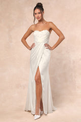 Heidy White Satin Beaded Strapless Maxi Dress