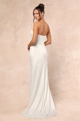 Heidy White Satin Beaded Strapless Maxi Dress