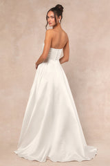 Khalida White Satin Pleated Strapless Gown