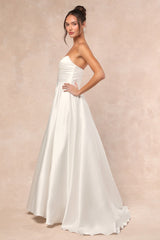 Khalida White Satin Pleated Strapless Gown