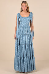 Picturesque Allure Slate Blue Jacquard Tie-Strap Maxi Dress