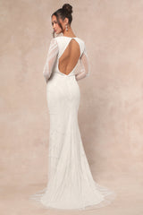 Deedra White Sequin Beaded Backless Maxi Dress