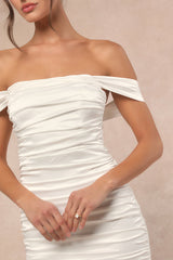 Torri White Satin Off-the-Shoulder Maxi Dress
