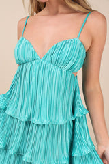 Sleek Dedication Aqua Blue Satin Plisse Cutout Tiered Mini Dress