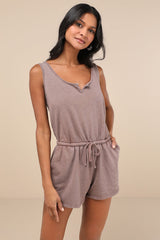 Perfect Lazy Day Brown Sleeveless Drawstring Lounge Romper