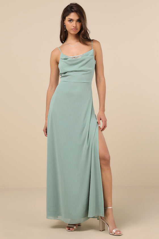 Eliora Sage Green Lace Cowl Neck Chiffon Maxi Dress