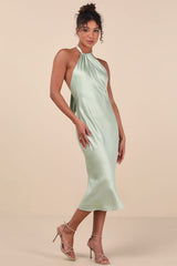 Angelique Sage Satin Backless Halter Midi Dress