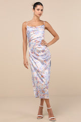 Truest Romance Slate Floral Print Sleeveless Ruched Midi Dress