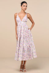 Brightly Blossoming Pink Multi Floral Tiered Midi Dress