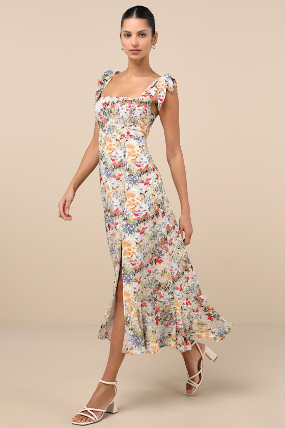 Summer Invite White Multi Floral Tie-Strap Tiered Midi Dress