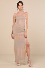 Aarna Beige Mesh Rhinestone Strapless Column Maxi Dress