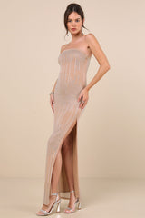 Aarna Beige Mesh Rhinestone Strapless Column Maxi Dress