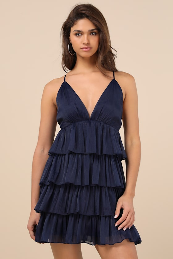 The Party's Tier Navy Organza Tiered Backless Mini Dress