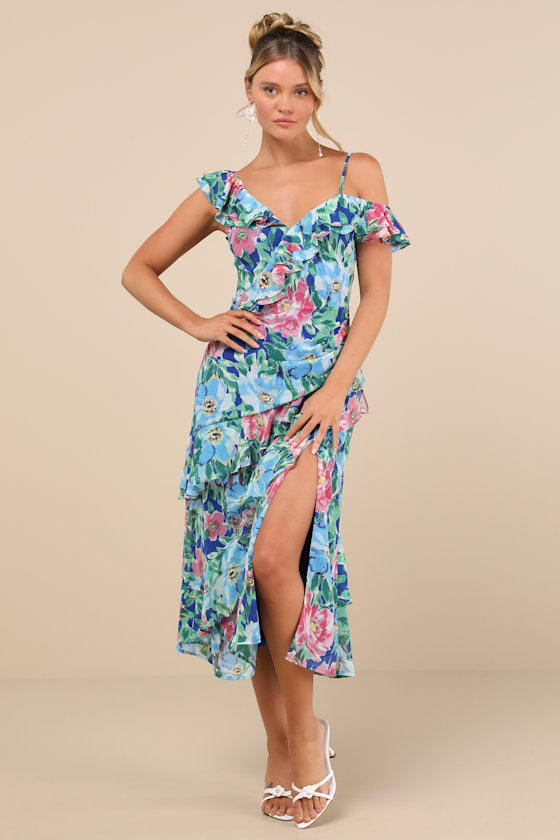 Cosima Blue Floral Asymmetrical Midi Dress