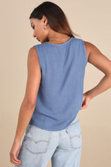 Casually Sophisticated Blue Linen Button-Front Top