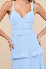 Sincerely Poised Light Blue Backless Bustier Tiered Maxi Dress