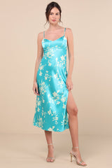 Glamorous Efforts Aqua Floral Print Tie-Back Midi Dress