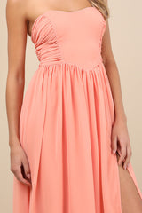 Luxe Favorite Peach Pink Strapless Ruched Maxi Dress