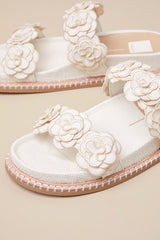 Sherla White Raffia Floral Applique Slide Sandals